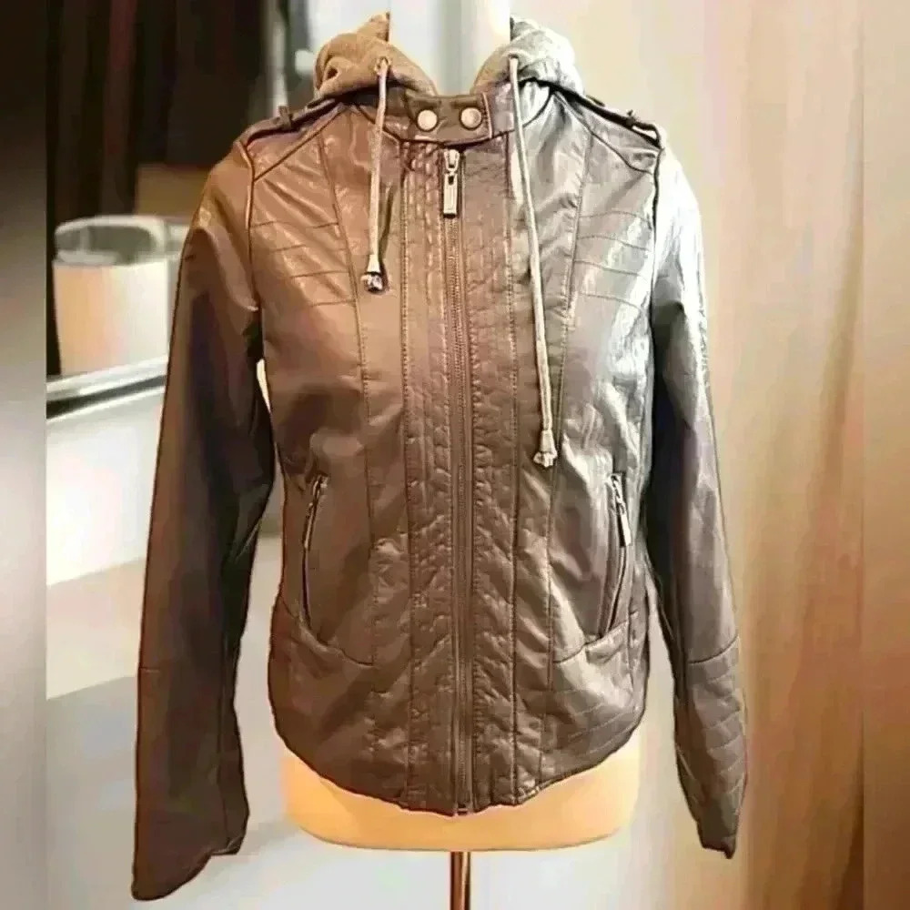 Juniors' J-2 Hooded Faux-Leather Moto Jacket small 6J929